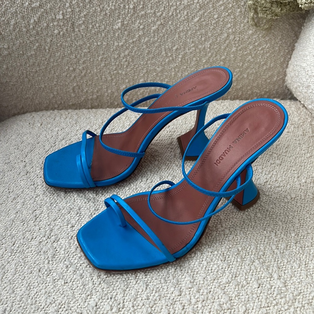 Amina Muaddi Strappy Blue Heels